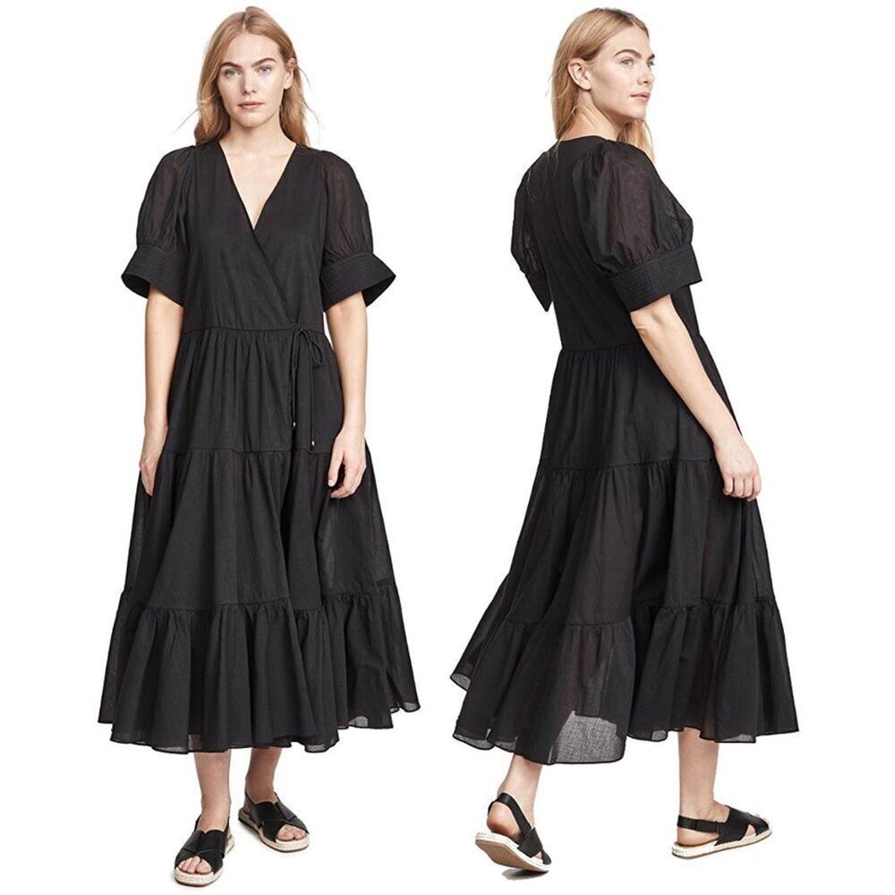 Rhode Gina Black Cotton Wrap Midi Dress Puff Sleeve Size S